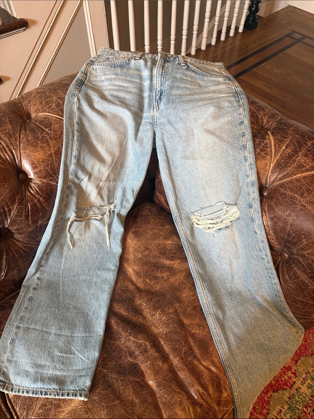 rag & bone Light Blue Straight-Leg Distressed Jeans